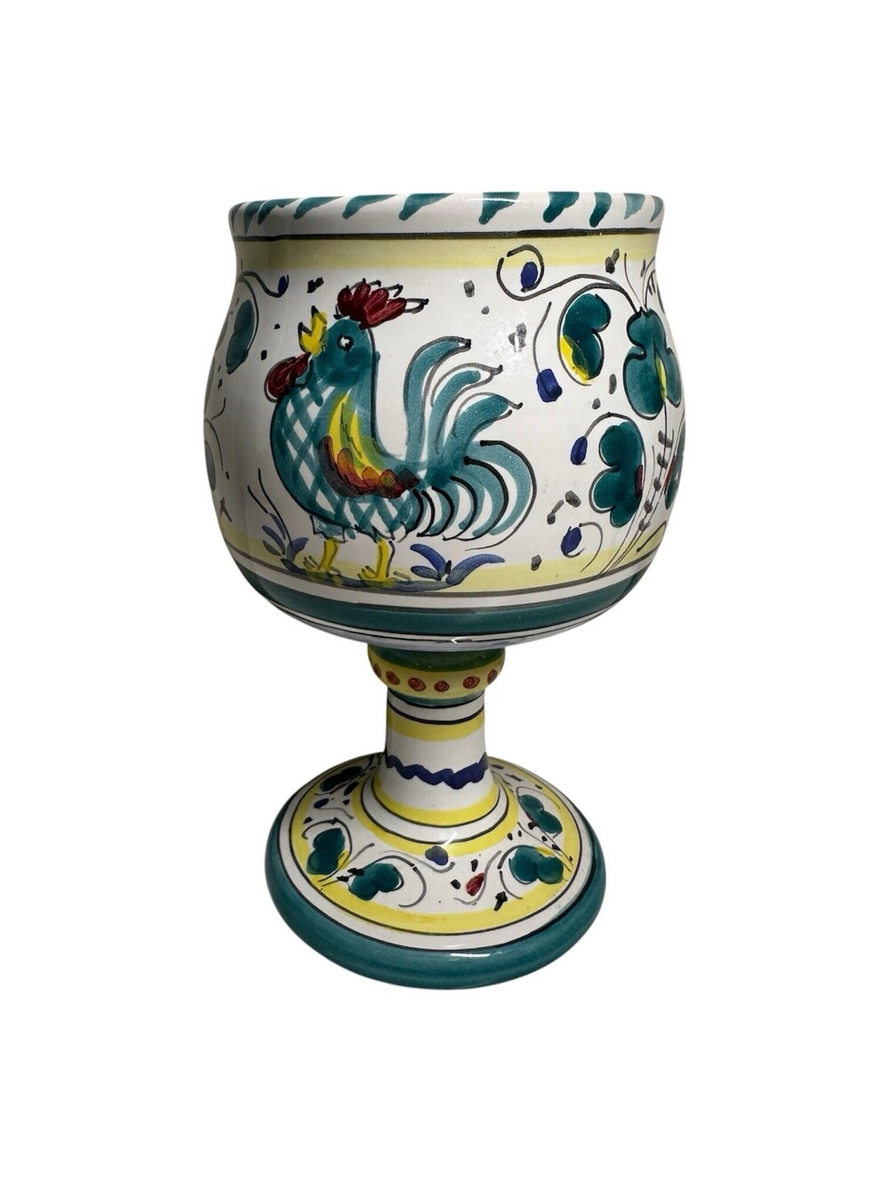 Italian Cama Deruta Teal Green Hand Painted Rooster Gallo Ceramic Goblet Chalice